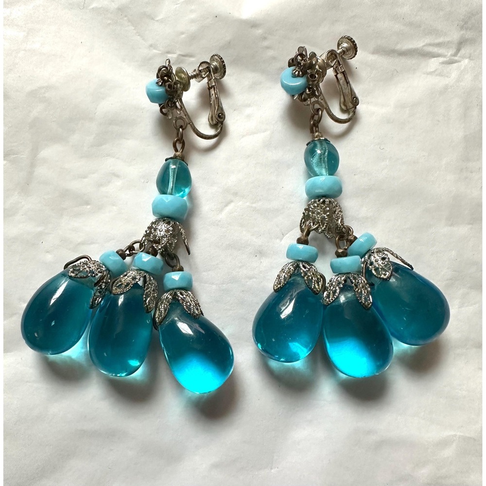 Vintage Miriam Haskell Blue Glass Dangle Earrings 3"